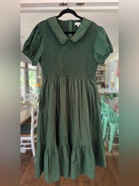 Ivy City Co Addie Dress Hunter Green Smocked Peter Pan Collar Puff Sleeve Midi